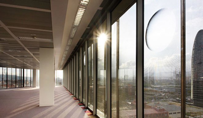 green design, eco design, sustainable design, b720 Arquitectos, Indra Corporate Building, Barcelona, Poblenou, Glass curtain, double skinned facade, stainless steel mesh skin, reduce solar gain