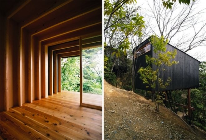 Koji Kakiuchi, hut, nara, japan, torri corridor, green design, eco-design, sustainable design, small footprint, charred timber, japanese cedar, sheltered terrace