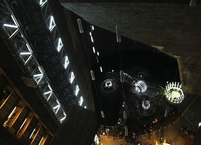 Salina Turda Salt Mine, Adapative reuse, Christopher Nolan, Batman, Transylvania, green design, sustainable design, futuristic lighting, existing infrastructure, eco-design, Romania