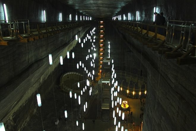 Salina Turda Salt Mine, Adapative reuse, Christopher Nolan, Batman, Transylvania, green design, sustainable design, futuristic lighting, existing infrastructure, eco-design, Romania