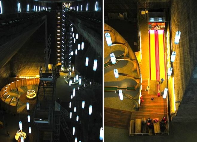 Salina Turda Salt Mine, Adapative reuse, Christopher Nolan, Batman, Transylvania, green design, sustainable design, futuristic lighting, existing infrastructure, eco-design, Romania