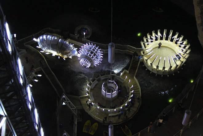 Salina Turda Salt Mine, Adapative reuse, Christopher Nolan, Batman, Transylvania, green design, sustainable design, futuristic lighting, existing infrastructure, eco-design, Romania