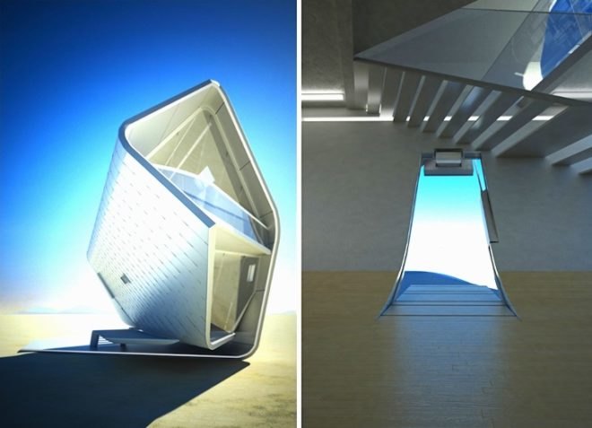 Christopher Daniel, prefab, modular, desert, eco-design, sustainable design, green design, glass panels, transparency, daylighting, hydraulic power, energy efficiency, daylighting, California Roll House
