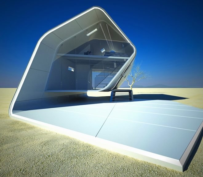 Christopher Daniel, prefab, modular, desert, eco-design, sustainable design, green design, glass panels, transparency, daylighting, hydraulic power, energy efficiency, daylighting, California Roll House