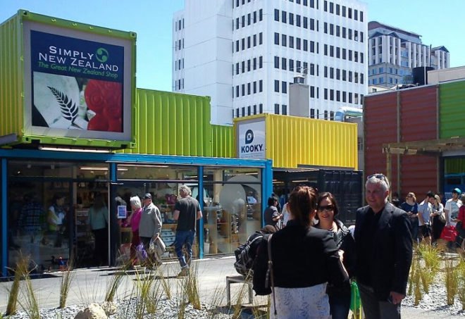 Earthquake recovery design, pop up mall, green shopping center,Re:Start Mall, Shipping container mall, Cargo container shopping mall, earthquake Christchurch container mall, eco mall, container shopping mall, pop up mall, Boxpark lawsuit,