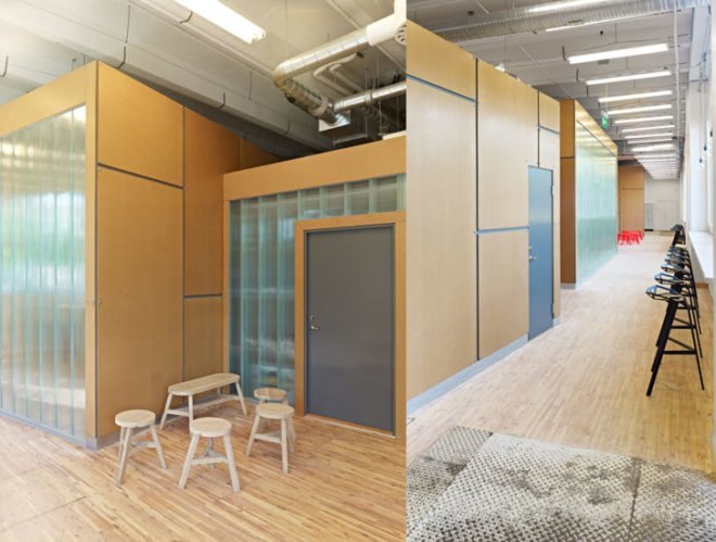 green design, eco design, sustainable design, Codesign Architects, Stockholms Stadsmission, redesign, recycled materials, recyclable building materials, recycled glass wall, recycled vinyl flooring, repurposed warehouse
