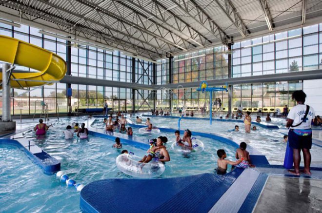 ELS Architects and Urban Design,Bay area swimming pool, green public facility design,Solar thermal heated pool, Urban recration center green design, eco center, Oakland sports center,LEED Silver, LEED recreation center,