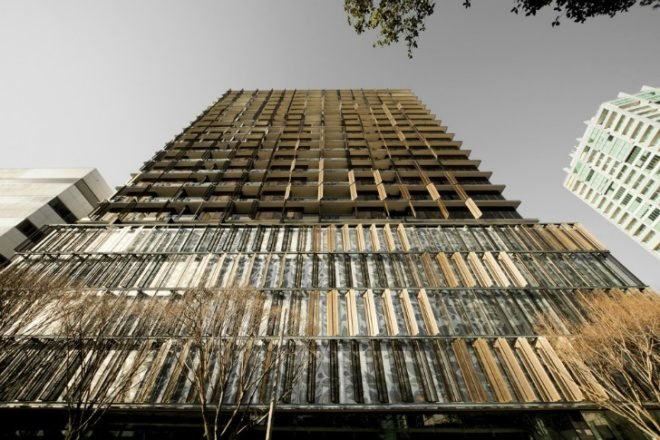 Elm Apartments, Elenberg Fraser Architects, louvered facade, shade screen, living walls, melbourne, residential tower