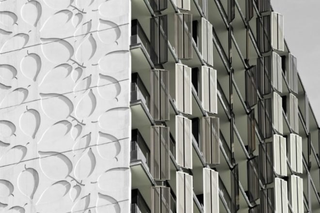 Elm Apartments, Elenberg Fraser Architects, louvered facade, shade screen, living walls, melbourne, residential tower