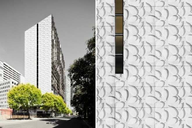 Elm Apartments, Elenberg Fraser Architects, louvered facade, shade screen, living walls, melbourne, residential tower