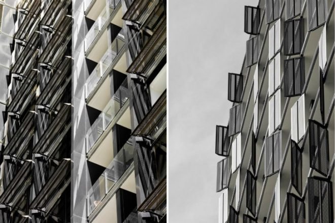 Elm Apartments, Elenberg Fraser Architects, louvered facade, shade screen, living walls, melbourne, residential tower