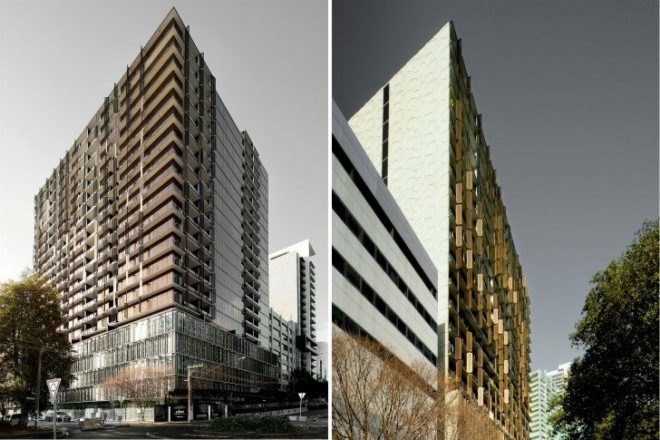 Elm Apartments, Elenberg Fraser Architects, louvered facade, shade screen, living walls, melbourne, residential tower