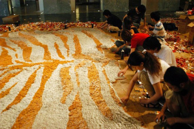 xu bing, virgina museum of fine arts, tobacco project, first class:2011, tiger skin rug cigarettes, cigarette art, repurposed art materials, chinese art cigarettes, tobacco art, tobacco industry art