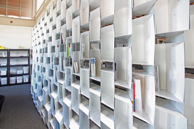 green design, eco design, sustainable design, IwamotoScott, Obscura Digital, warehouse redesign, recycled metal, black bamboo, Bookcaseshelfwall