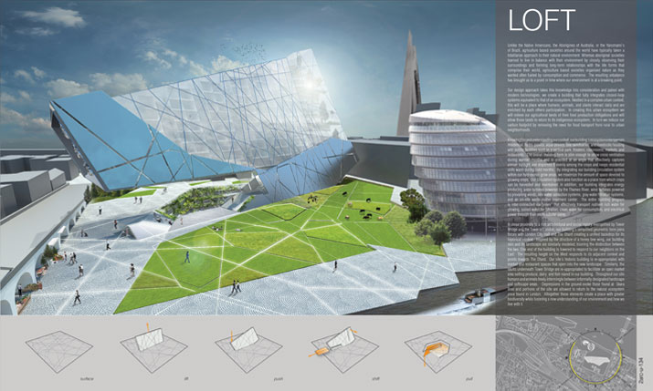 RCDF Studio, RCDF LOFT, LOFT LONDON FARM TOWER 2011, design contest, vertical farm, hydroponics, aqua-ponics, bee sanctuaries, vertical park, green mixed-use building, rainwater collection, gray water filtration system, onsite waste-matter treatment center, Thames River-powered water turbines, wind turbines