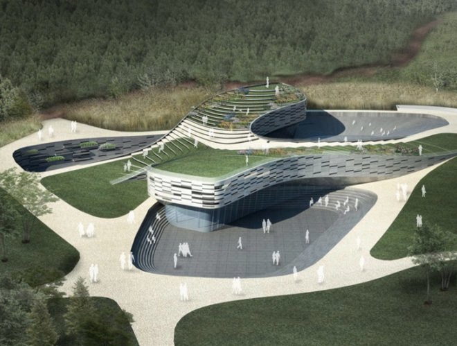 cave like building, eco visitor’s center, green roof, interpretive environmental center, Jeju green building, Jeju visitors center, Korean green building, landscape inspired building design, public roof egress, South Korea environmental center, vegetative roof, volcanic region visitors center