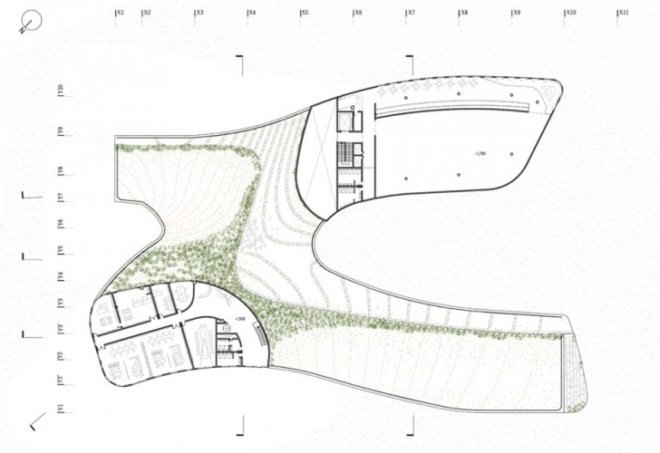 cave like building, eco visitor’s center, green roof, interpretive environmental center, Jeju green building, Jeju visitors center, Korean green building, landscape inspired building design, public roof egress, South Korea environmental center, vegetative roof, volcanic region visitors center