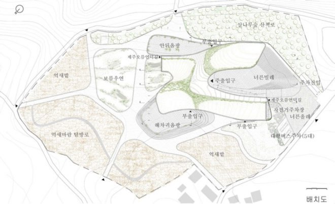 cave like building, eco visitor’s center, green roof, interpretive environmental center, Jeju green building, Jeju visitors center, Korean green building, landscape inspired building design, public roof egress, South Korea environmental center, vegetative roof, volcanic region visitors center