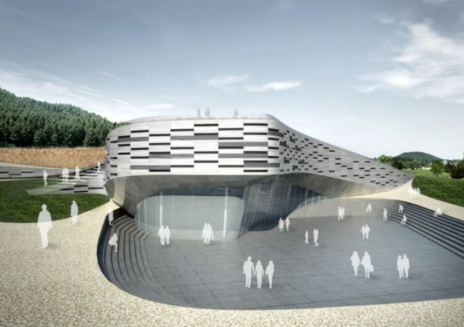 cave like building, eco visitor’s center, green roof, interpretive environmental center, Jeju green building, Jeju visitors center, Korean green building, landscape inspired building design, public roof egress, South Korea environmental center, vegetative roof, volcanic region visitors center
