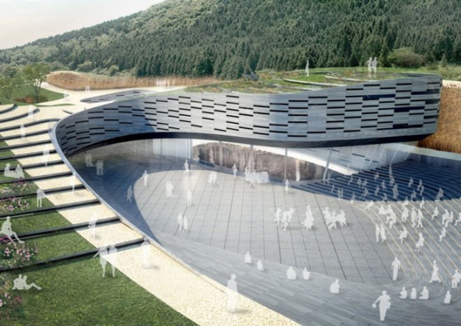 cave like building, eco visitor’s center, green roof, interpretive environmental center, Jeju green building, Jeju visitors center, Korean green building, landscape inspired building design, public roof egress, South Korea environmental center, vegetative roof, volcanic region visitors center