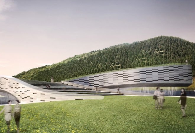 cave like building, eco visitor’s center, green roof, interpretive environmental center, Jeju green building, Jeju visitors center, Korean green building, landscape inspired building design, public roof egress, South Korea environmental center, vegetative roof, volcanic region visitors center