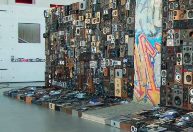 Speaker Sculptures, Benoit Maubrey, recycled speakers, recycled materials, eco art, speaker wall