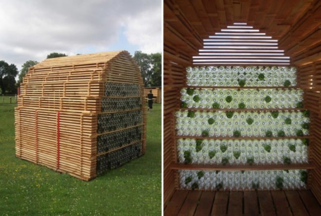 reused shed, caue sarthe, Véronique Maire, Arche de la Nature, bottle house, bottle shed,garden shed, shed design, tiny shed design, micro shed,