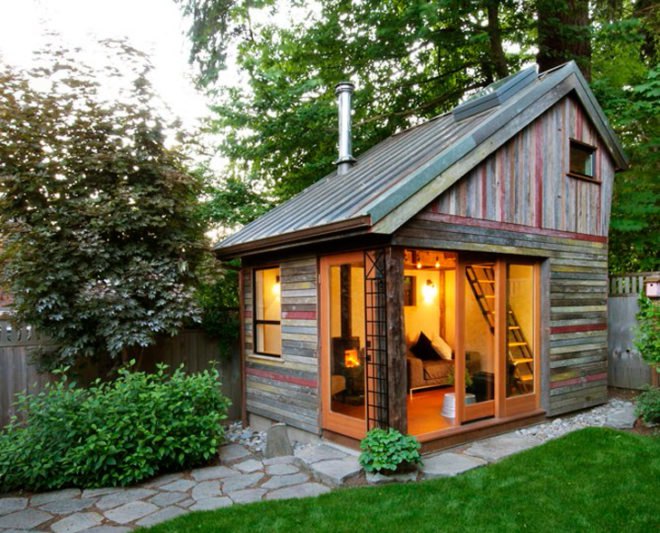 micro homes, small homes, tiny homes, tiny houses, micro structures, Megan Lea, Backyard House, recycled barnboard, barnboard house, recycled materials, sustainable building, backyard houses, backyard spaces, garden house