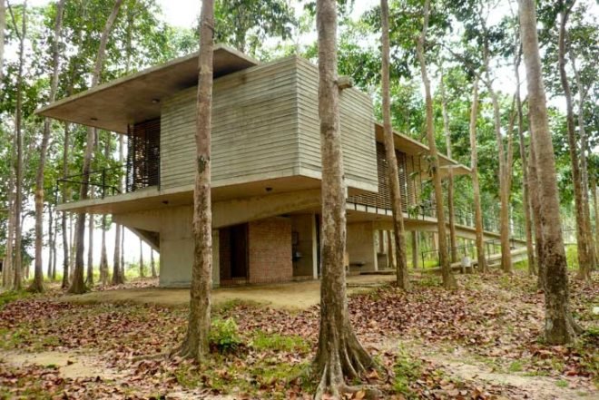 Eco Travel,Botanical,Architecture,bangladesh,eco-turism,holed roof,pierced roof,environmental center,elevated cement construction,concrete