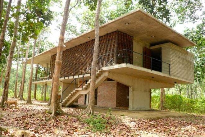 Eco Travel,Botanical,Architecture,bangladesh,eco-turism,holed roof,pierced roof,environmental center,elevated cement construction,concrete