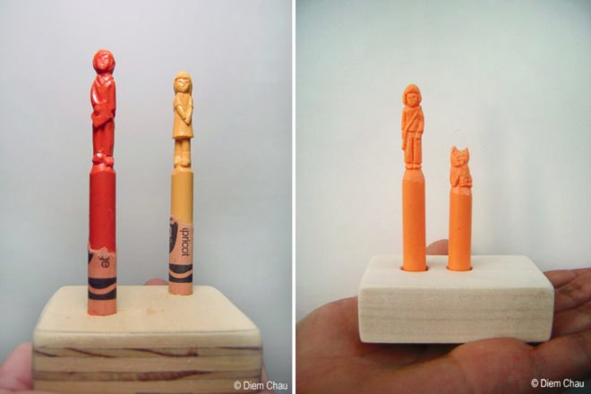 Diem Chau, miniature sculptures, crayon art, crayola crayon art, Crayola Crayons, eco art, green art, pencil tip sculptures, miniature figures, mini figures, green art