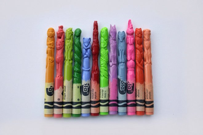 Diem Chau, miniature sculptures, crayon art, crayola crayon art, Crayola Crayons, eco art, green art, pencil tip sculptures, miniature figures, mini figures, green art