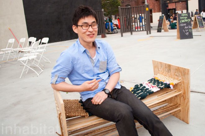 GreenhomeNYC, green home nyc, the new new york block party, diy block party, green diy, green diy block party, green furniture design, green design, recycled materials, green lounge, green design challenge, sewn bench, sooho kim, reclaimed wood, straw rope, reused fabric, bamboo