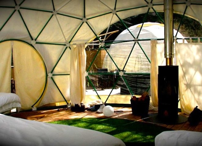 The Dome Garden, geodesic domes, eco-tourism, eco-travel, wood burner, locally sourced materials, recycled glass, London, England, glamping, camping, green design, sustainable design, eco-design, solar panels, dome tents, insulation, rainwater harvesting