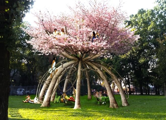 eco-art, eco-architecture, Visiondivision, The Patient Gardener, Sweden, Politechnico di Milano, green design, sustainable design, slow architecture, reduced construction waste, living furniture, reduce transportation, architectonic, cherry blossom trees, Japanese trees, Italy, hourglass tree structure