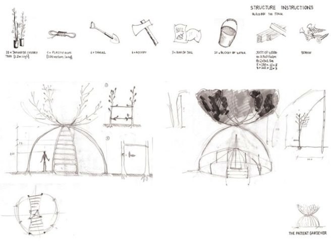 eco-art, eco-architecture, Visiondivision, The Patient Gardener, Sweden, Politechnico di Milano, green design, sustainable design, slow architecture, reduced construction waste, living furniture, reduce transportation, architectonic, cherry blossom trees, Japanese trees, Italy, hourglass tree structure