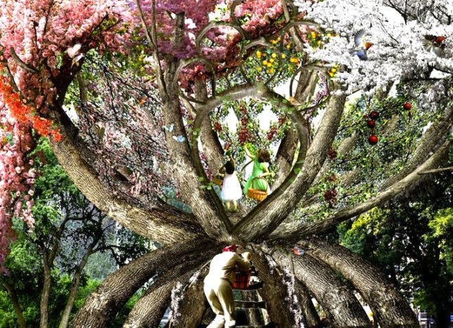 eco-art, eco-architecture, Visiondivision, The Patient Gardener, Sweden, Politechnico di Milano, green design, sustainable design, slow architecture, reduced construction waste, living furniture, reduce transportation, architectonic, cherry blossom trees, Japanese trees, Italy, hourglass tree structure