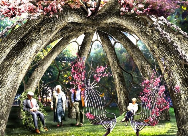 eco-art, eco-architecture, Visiondivision, The Patient Gardener, Sweden, Politechnico di Milano, green design, sustainable design, slow architecture, reduced construction waste, living furniture, reduce transportation, architectonic, cherry blossom trees, Japanese trees, Italy, hourglass tree structure