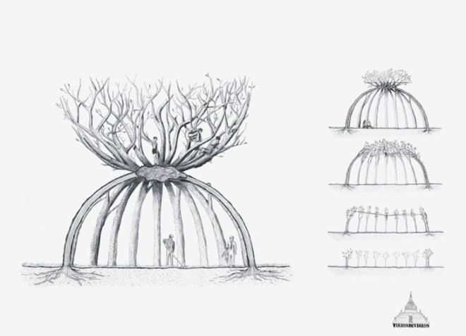 eco-art, eco-architecture, Visiondivision, The Patient Gardener, Sweden, Politechnico di Milano, green design, sustainable design, slow architecture, reduced construction waste, living furniture, reduce transportation, architectonic, cherry blossom trees, Japanese trees, Italy, hourglass tree structure