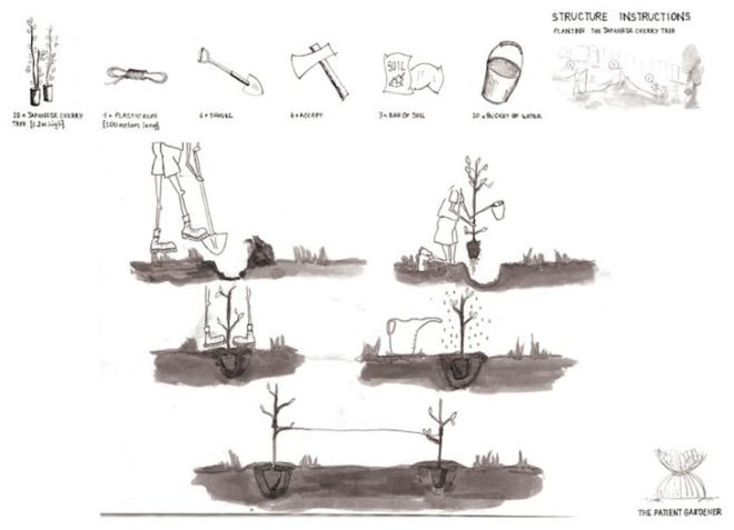 eco-art, eco-architecture, Visiondivision, The Patient Gardener, Sweden, Politechnico di Milano, green design, sustainable design, slow architecture, reduced construction waste, living furniture, reduce transportation, architectonic, cherry blossom trees, Japanese trees, Italy, hourglass tree structure