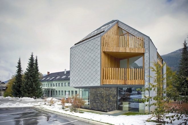 scalloped skin, alpine, slovenia, ski complex, ski apartments, OFIS, OFIS arhitekti, vernacular architecture, local tradition, local architecture, green building, green design, sustainable design, eco design