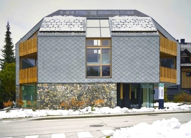 scalloped skin, alpine, slovenia, ski complex, ski apartments, OFIS, OFIS arhitekti, vernacular architecture, local tradition, local architecture, green building, green design, sustainable design, eco design