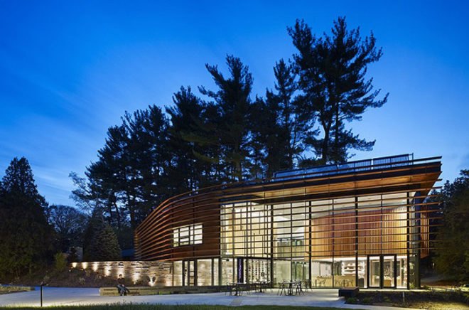 green design, eco design, sustainable design, LEED certification, Baird Sampson Neuert Architects, High efficiency water Fixtures, Recycling programs, louver system, solar thermal panels, Cornell University Plantations Welcome Center