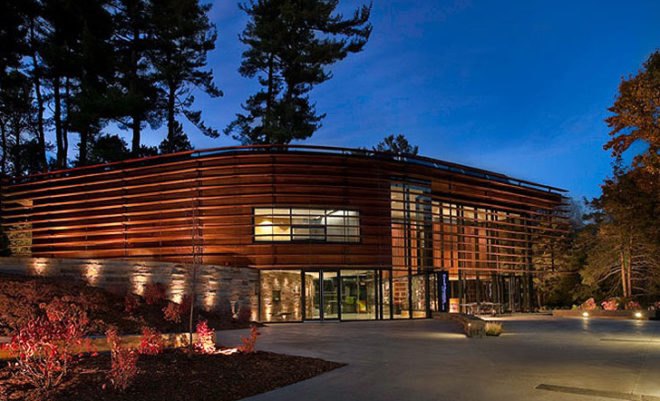 green design, eco design, sustainable design, LEED certification, Baird Sampson Neuert Architects, High efficiency water Fixtures, Recycling programs, louver system, solar thermal panels, Cornell University Plantations Welcome Center