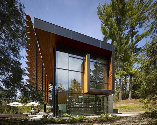 green design, eco design, sustainable design, LEED certification, Baird Sampson Neuert Architects, High efficiency water Fixtures, Recycling programs, louver system, solar thermal panels, Cornell University Plantations Welcome Center