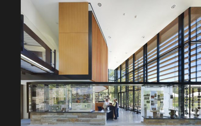 green design, eco design, sustainable design, LEED certification, Baird Sampson Neuert Architects, High efficiency water Fixtures, Recycling programs, louver system, solar thermal panels, Cornell University Plantations Welcome Center