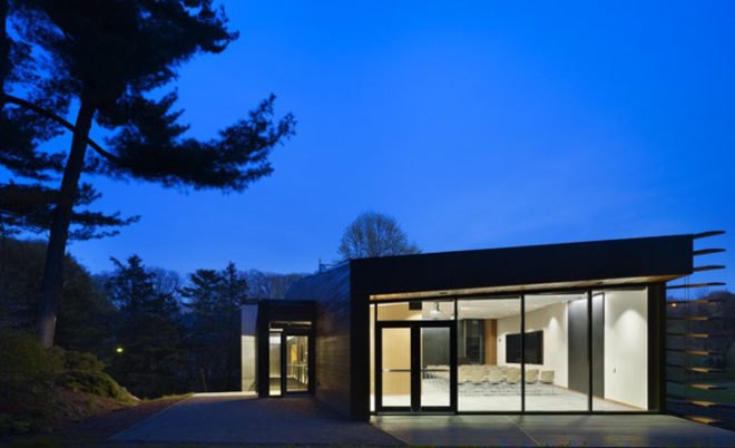 green design, eco design, sustainable design, LEED certification, Baird Sampson Neuert Architects, High efficiency water Fixtures, Recycling programs, louver system, solar thermal panels, Cornell University Plantations Welcome Center