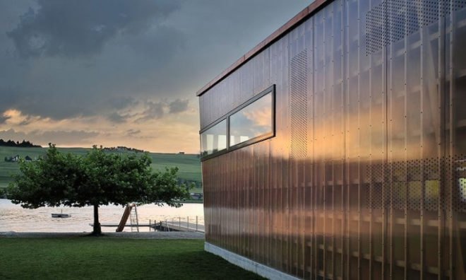 eco design, Green Building, green building design, green roof, Swiss green building, translucent skin, transparent building skin, vegetated roof, wooden building design