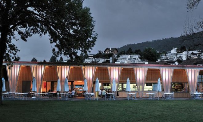 eco design, Green Building, green building design, green roof, Swiss green building, translucent skin, transparent building skin, vegetated roof, wooden building design