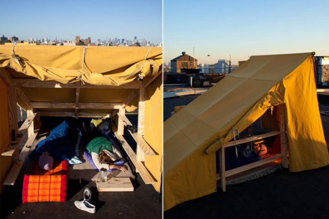 camping, urban environment, modular construction, green architecture, reclaimed wood, tents, green art, new york city